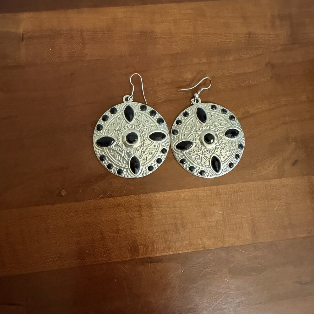 Silver Tone Metal Black Beaded Embossed Disk Dangle Earrings